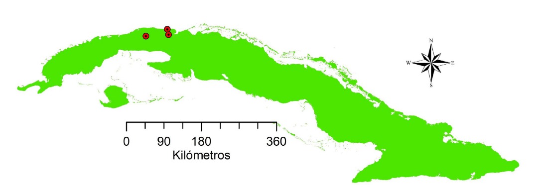 Distribución de Leptocereus scopulophilus en Cuba occidental, periodo 2010-2017 y registros históricos.